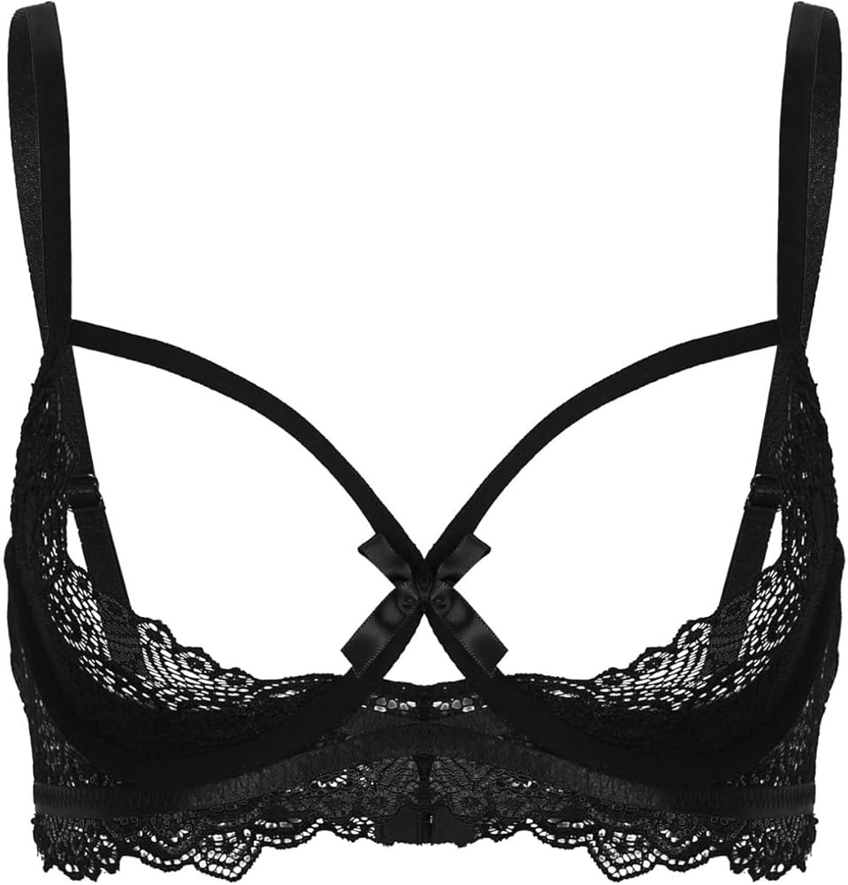 MSemis Woman's Lace Sheer Balconette Push Up Hollow Shelf Bra See-through Quarter Cup Bralette Lingerie