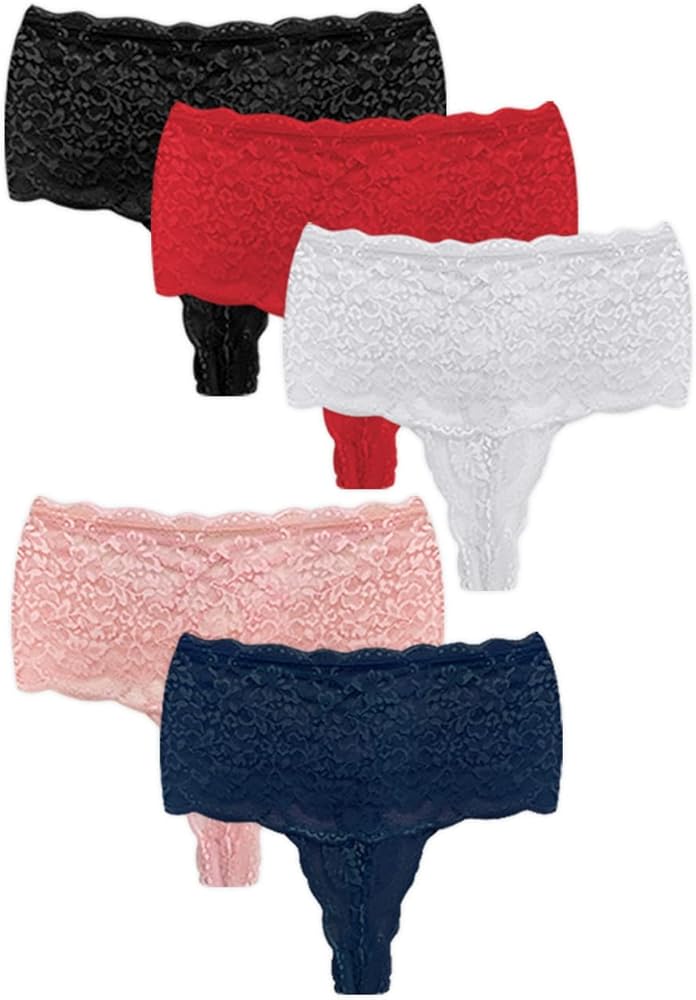 Cottonhill Underwear 5-pcs High Waisted Lace Panties, Sexy Thongs for Women with Elastic Criss Cross Back