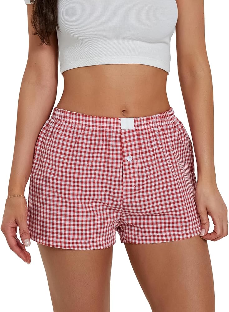 Women's Y2K Lounge Shorts Cute Soft Elastic Low Waist Plaid Print Button Front Pajama Bottoms Boxer Shorts Sleepwear