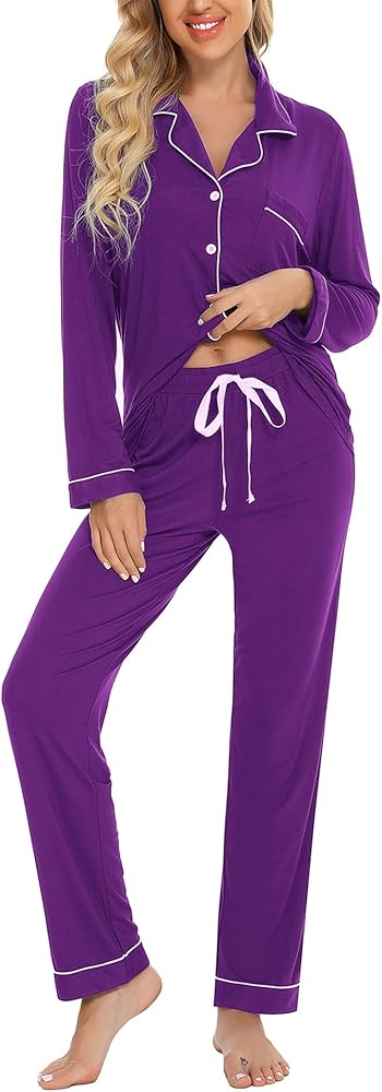 Anjue Pajamas for Women Soft Button Up Pajama Set Long Sleeve Shirt and Pajama Pants Lounge Sets S-XXL