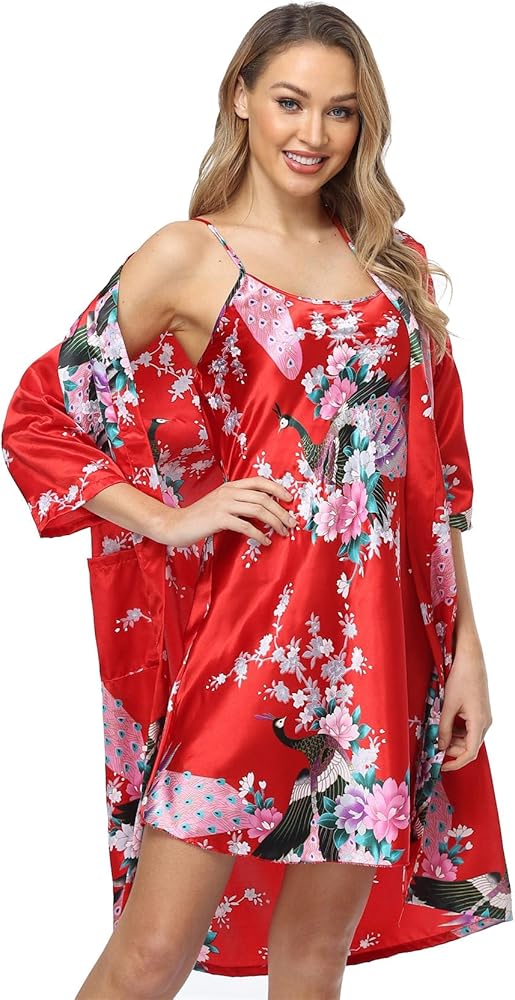 Satin Women's Kimono Robe Gorgeous Loungewear 2PC Set Sleepwear Camisole & Robe