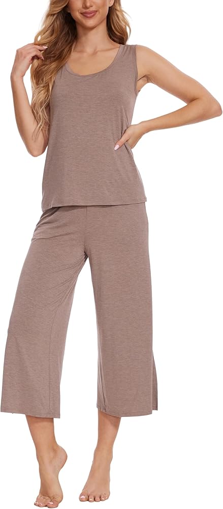 GYS Ladies Pajamas Sets, Capri Pajamas for Women Set, Bamboo Viscose Sleeveless Top and Capri Pants Pj Set Sleepwear