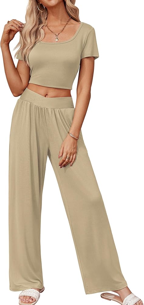 Ekouaer Summer Outfits for Women 2 Piece Lounge Sets Comfy Square Neck Short Sleeve Wide Leg Pants Matching Sets with Pockets