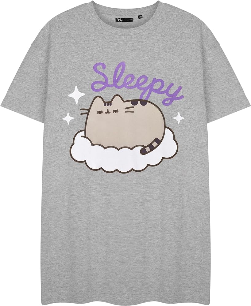 Pusheen Womens Nightwear Grey Short Sleeve Nightdress Design Cute Sleepwear for Women Pajama Set Nightdress