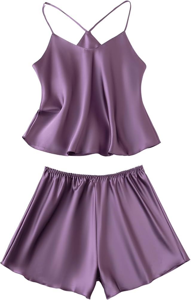 Women's 2 Piece Pajama Set Satin Spaghetti Strap Camisole Tops and Lounge Shorts Set Sleepwear