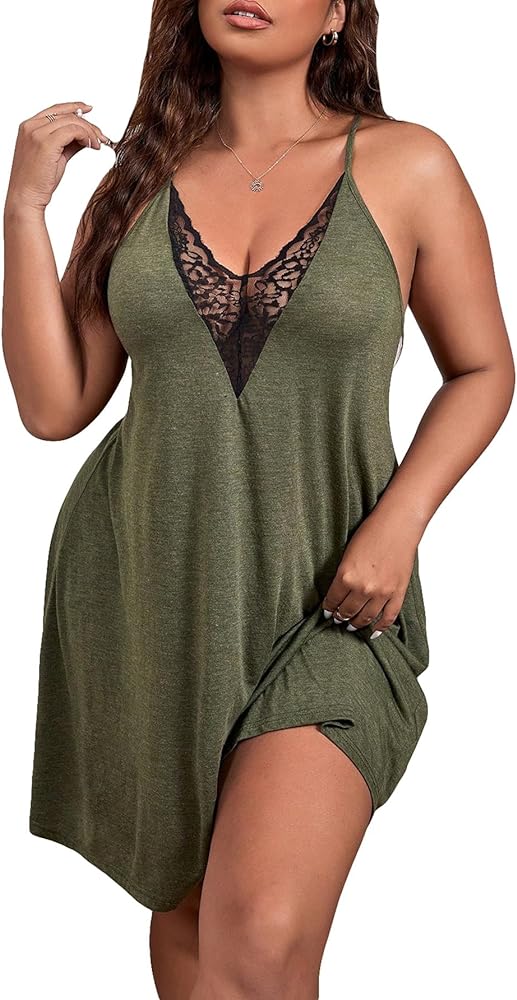 COZYEASE Women's Plus Size Lace V Neck Cami Nightdress Spaghetti Strap Teddy Slip Dress Backless Chemise Nightgowns