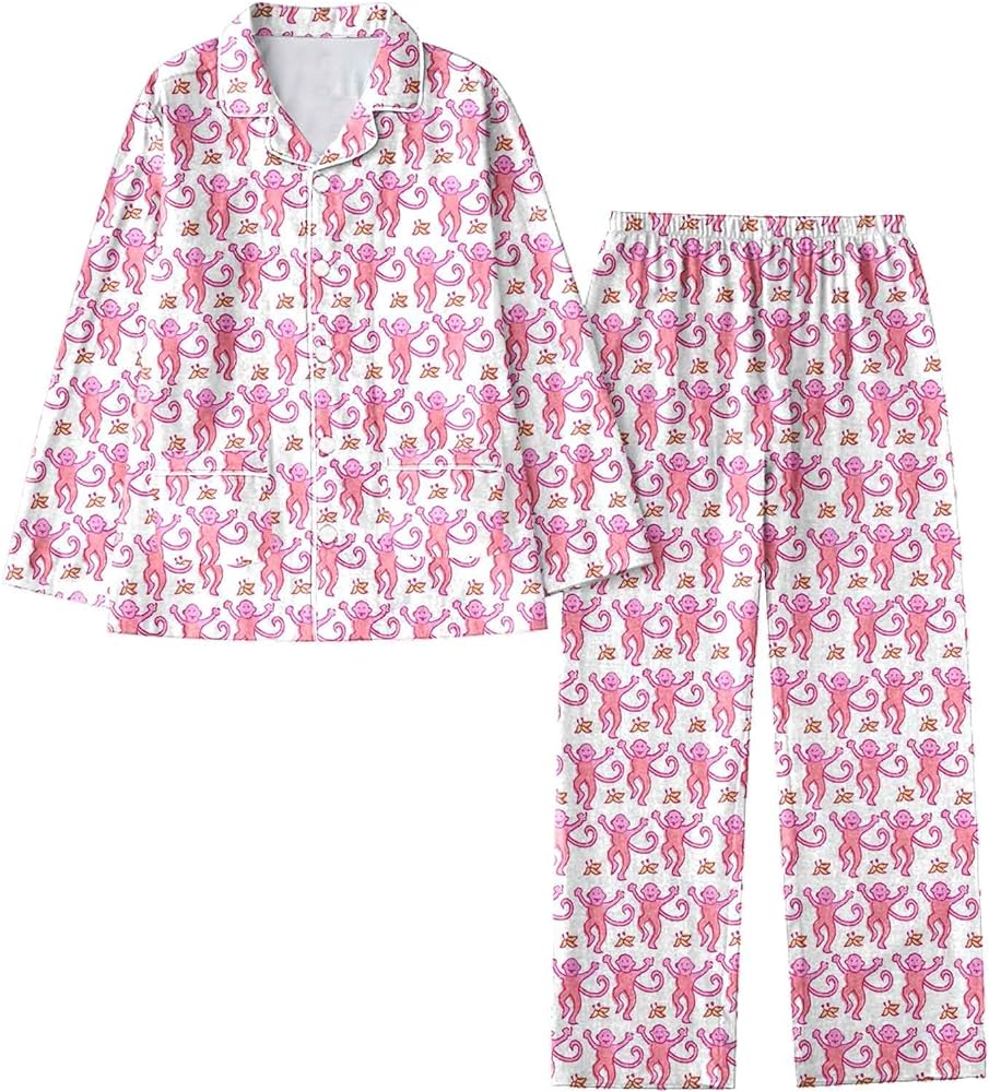 Roller Rabbit Pajamas Sets for Women,Cute Animals Floral Matching Pj Set Long Sleeve Button Down Shirt Wide Leg Pants