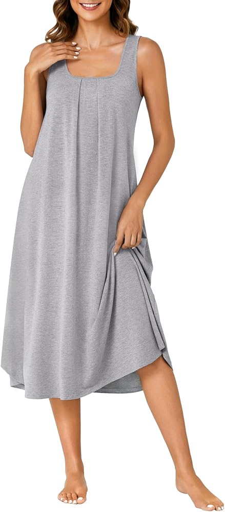 LYANER Women's Sleeveless Long Sleepwear Square Neck Wide Strap Nightgown Nightdress