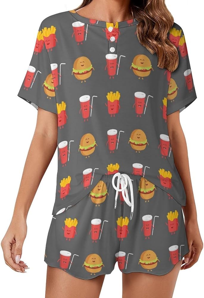 Funny Fries Burger And Cola Classic Women's Pajamas Loungewear Set Loose Short Sleeve Sleepwear With Pockets