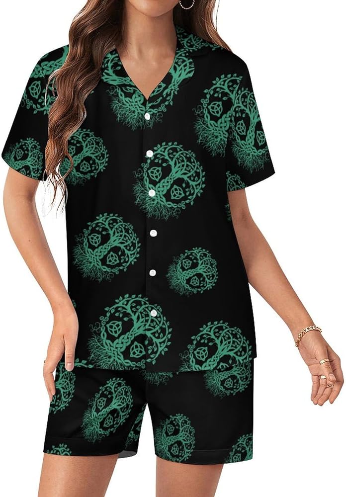 Tree Of Life Womens Silk Satin Pajamas Set Short Sleeve Button-Down Sleepwear Loungewear Pj Set