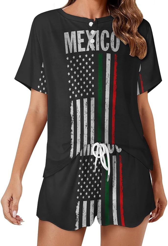 Mexican American Flag Mexico USA Women's 2 Piece Pajamas Short Sleeve Shorts Sleepwear Set Causal Loungewear Home Suit 5XL