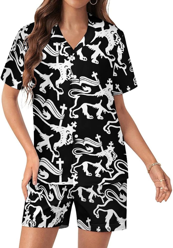 Judah Rasta Lion Women's Pajamas Set Two Piece Button Down Sleepwear Short Sleeve And Shorts Loungewear