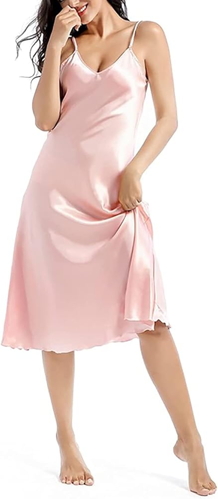 Womens Satin Nightgown Long Slip Sleep Dress Silk V Neck Nightgowns