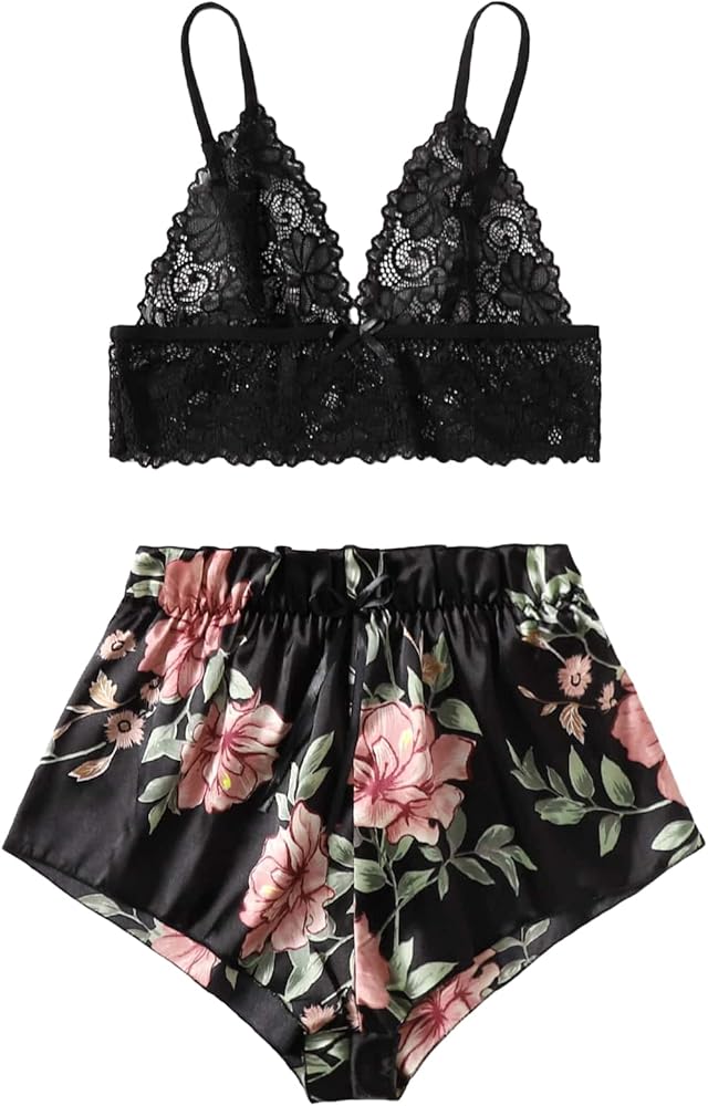 WDIRARA Women's 2 Piece Lingerie Floral Lace Cami Top with Satin Shorts Sleepwear Pajama Set