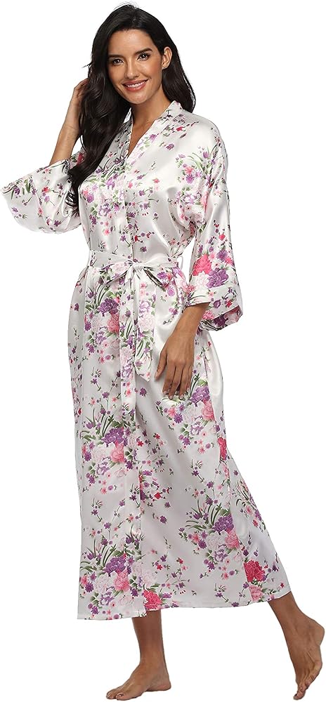 Women's Long Satin Robe Floral Kimono Dressing Gown Lightweight Sleepwear Bridal Party Bridesmaids Robes