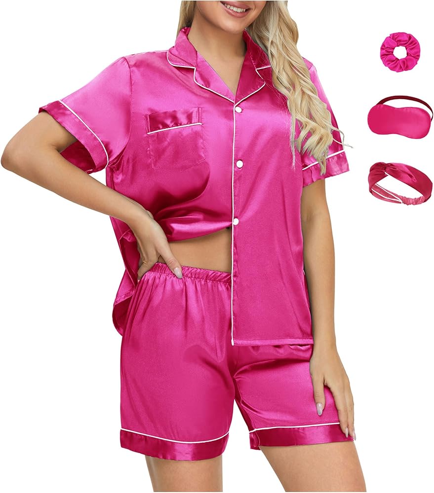 4 Piece Women's Silk Satin Pajama Set Short Sleeve Sleepwear Button Down Suit Wedding, Valentine's Day, Birthday Party