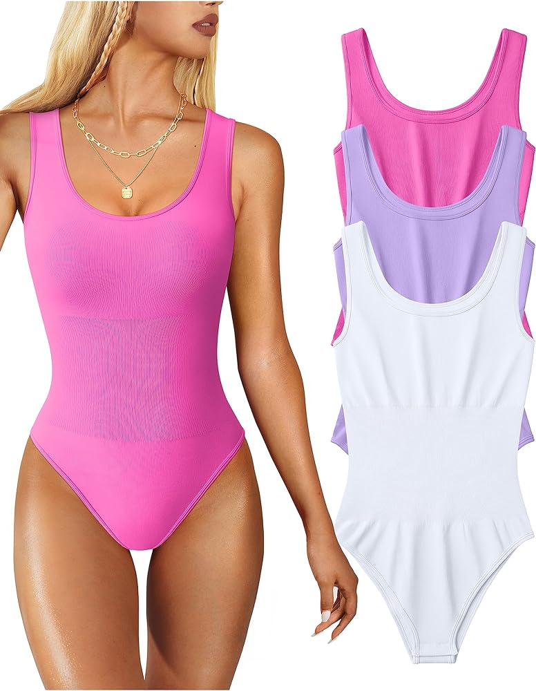 OQQ Women's 3 Piece Bodysuits Sexy Sleeveless Round Neck Shapewear Tank Tops Bodysuits