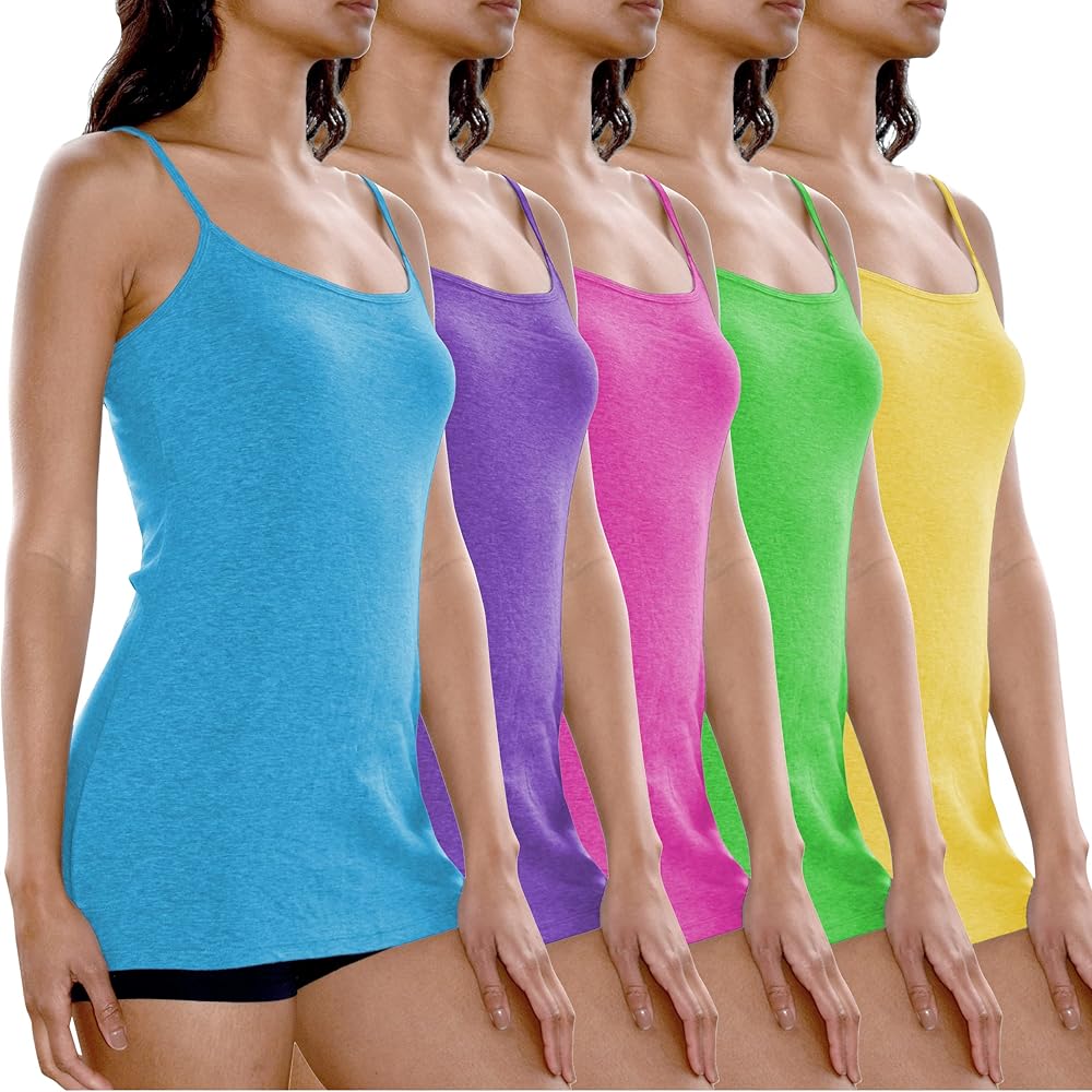 Sexy Basics Women's Basic Solid Color Cotton Stretch Camisole Adjustable Spaghetti Strap Tank Top- Multi Packs