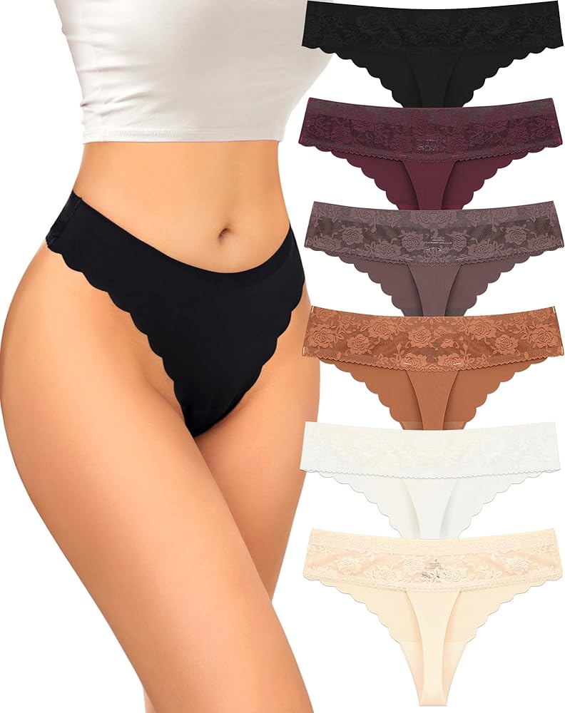 UNDER THE SEA Thongs for Women Seamless Lace Wavy Edge Side Thong No Show Underwear Womens Sexy Panties Ladies S-XL 6 Pack