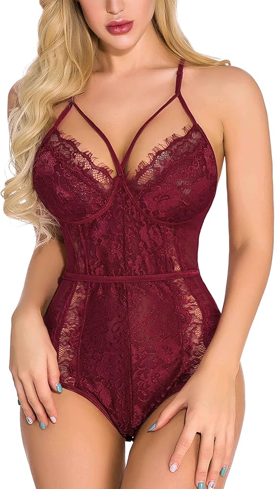 Aranmei Lingerie for Women Eyelash Lace Strappy Sexy Teddy Babydoll Lingerie with Snap Crotch