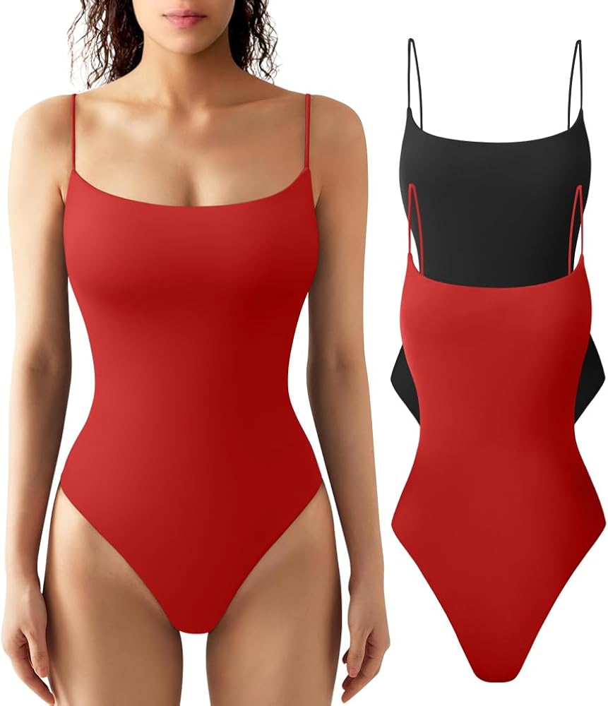 HYZ Women's Summer Two Piece Leotard Sexy Sleeveless Spaghetti Strap Soft Basic Thong Bodysuit Tops