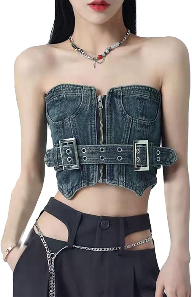 Ypser Women's Denim Corset Top Denim Crop Top Push Up Bustier Sleeveless Tube Top Streetwear