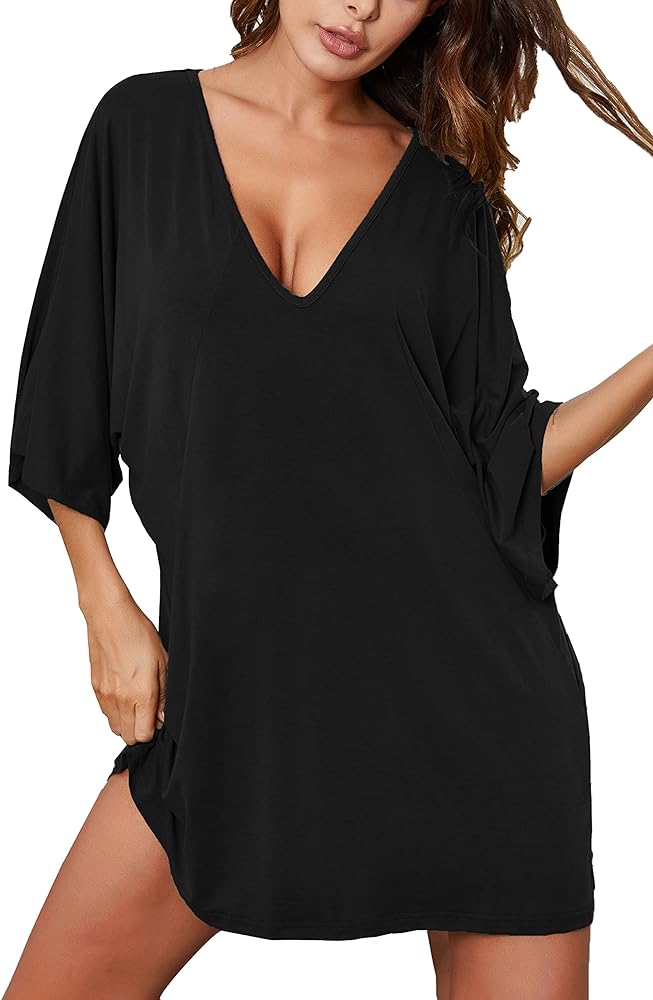 Ekouaer Women's Sleepshirt Deep V Neck Nightgown Batwing Nightshirt Oversized Sleepwear