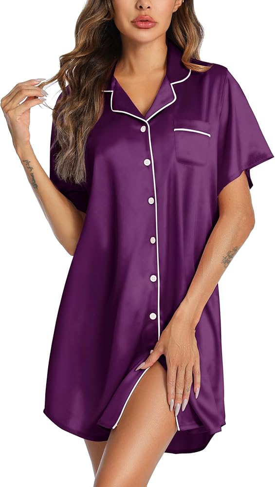 Senert Satin Nightgown for Women Button Down Sleep Shirt Short Sleeve Sleepwear Pajama Dress Boyfriend Nightshirt S-XXL