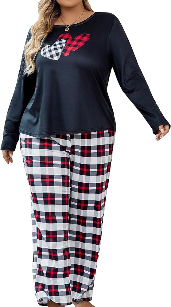 SOLY HUX Women's Plus Size Pajama Set Plaid Heart Print Long Sleeve Tee Tops and Pants Loungewear Sleepwear