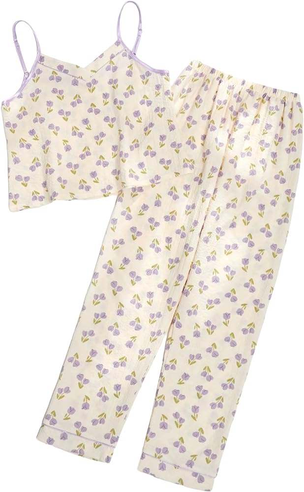 Verdusa Women's 2 Piece Printed Pajama Sets Sleepwear Spaghetti Strap Cami Top and Pants Pj Set