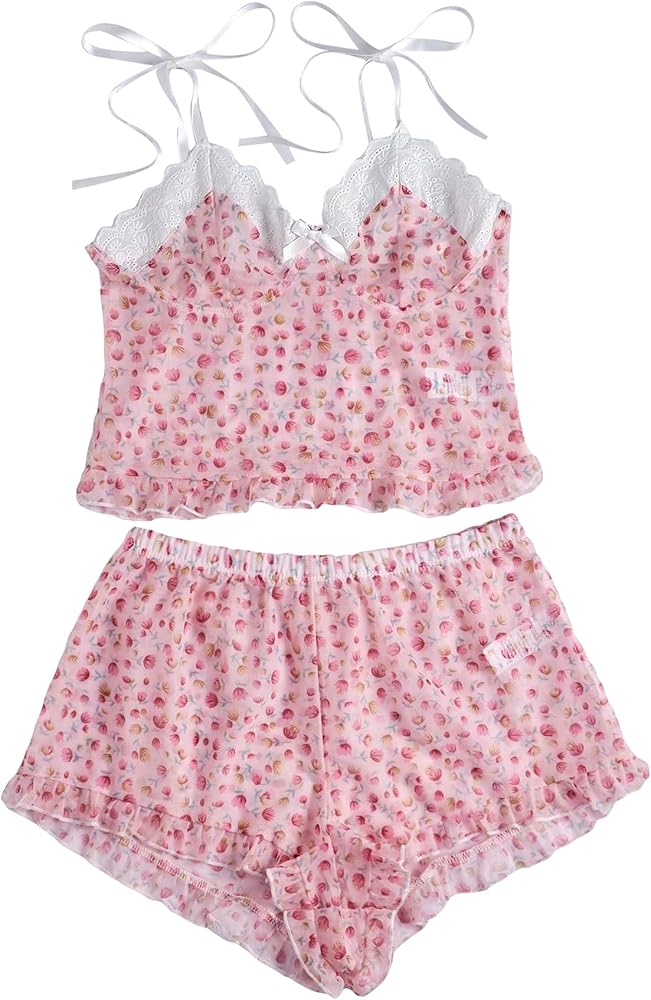 Verdusa Women's 2 Pieces Floral Print Tie Shoulder Lace Cami Top and Short Sleepwear Pajama Sets