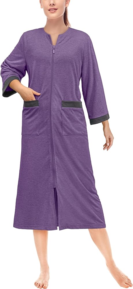 PAVILIA Women Zipper Robe, Long Summer Zip Up Bathrobe Pocket, Lightweight Loungewear Dress Sleepwear Housecoat Nightgown