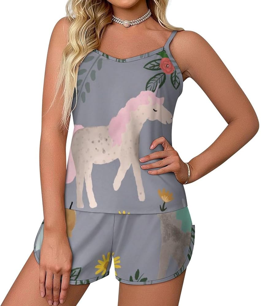 Unicorn Clipart Soft Women's Pajamas V Neck Loungewear Pj Shorts Sets Sleeveless Sleepwear