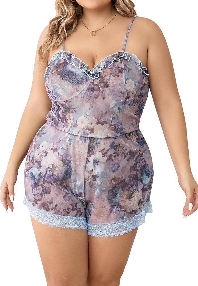 WDIRARA Women's Plus Size Floral Print Lace Ruffle Trim Cami Pajama Romper One Piece Sleepwear