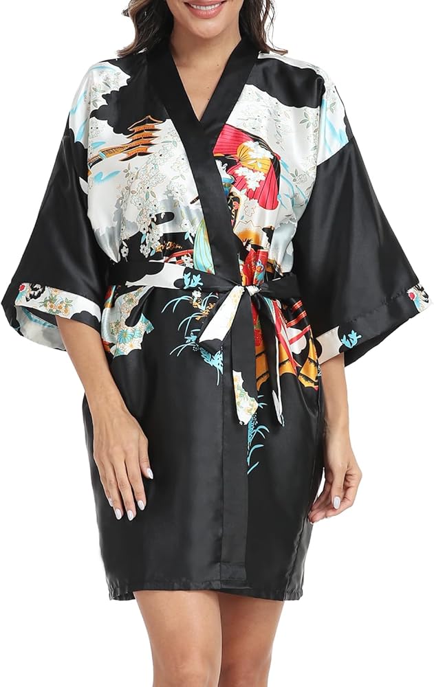 Women's Floral Robes Silk Satin Robe Bride Bridesmaid Wedding Party Short Silky Kimono Bathrobe Sleepwear