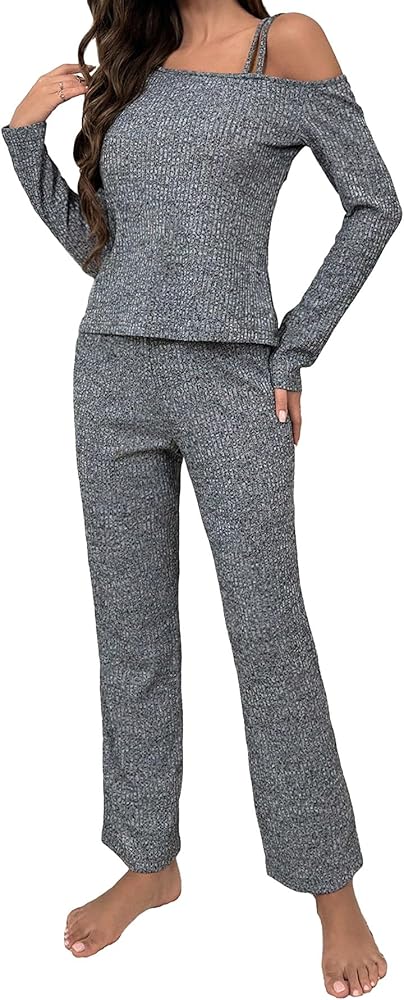 WDIRARA Women's 2 Piece Lounge Sets Sleepwear Ribbed Cutout Long Sleeve Tee and Pants Pajama Set