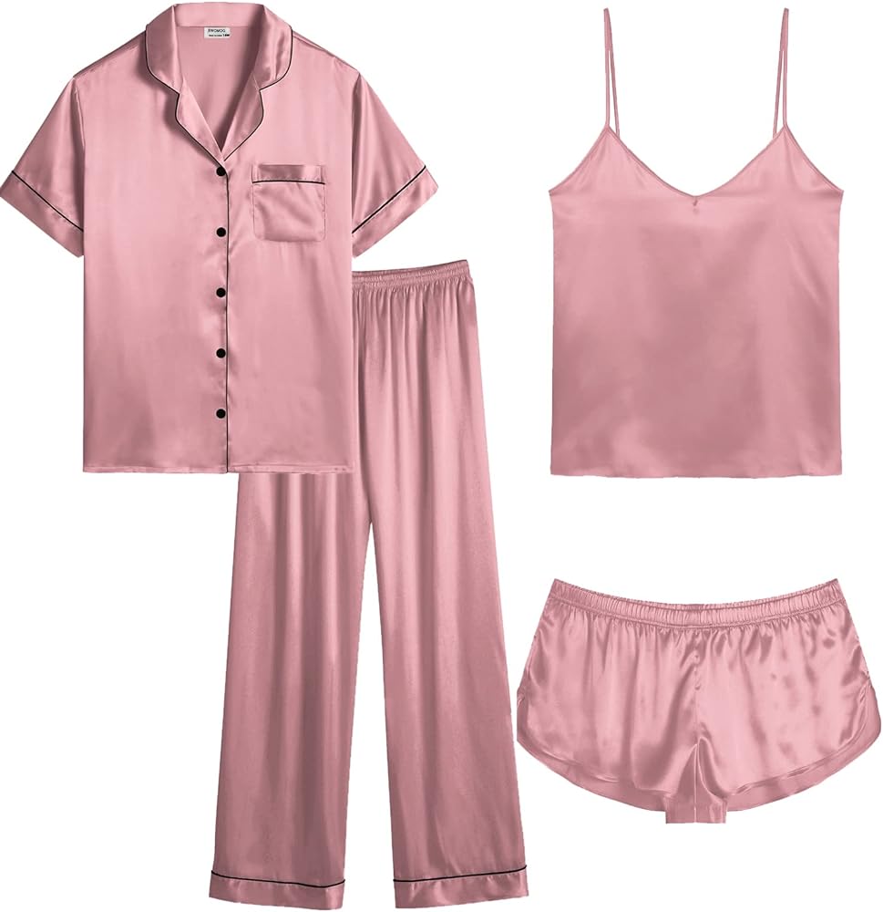 SWOMOG Women Plus Size Pajama Set 4pcs Silk Satin Sleepwear Button Down Pjs Cami Shorts Set Loose Loungewear 16W-26W