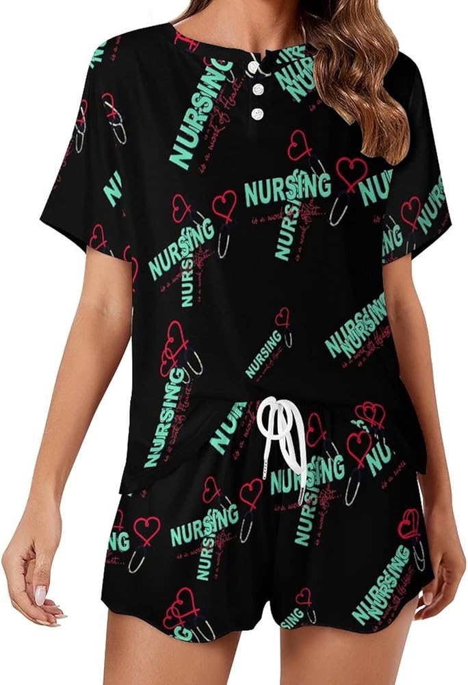 Nurse Nursing Work Of Heart Pajamas for Women Set Summer Home Lounge Suit Tops And Shorts Soft Sleepwear