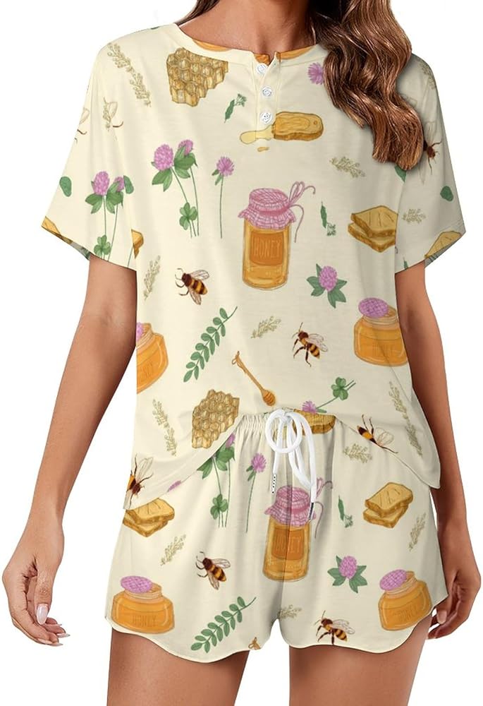 Honey Bees Flowers Classic Women's Pajamas Loungewear Set Loose Short Sleeve Sleepwear With Pockets