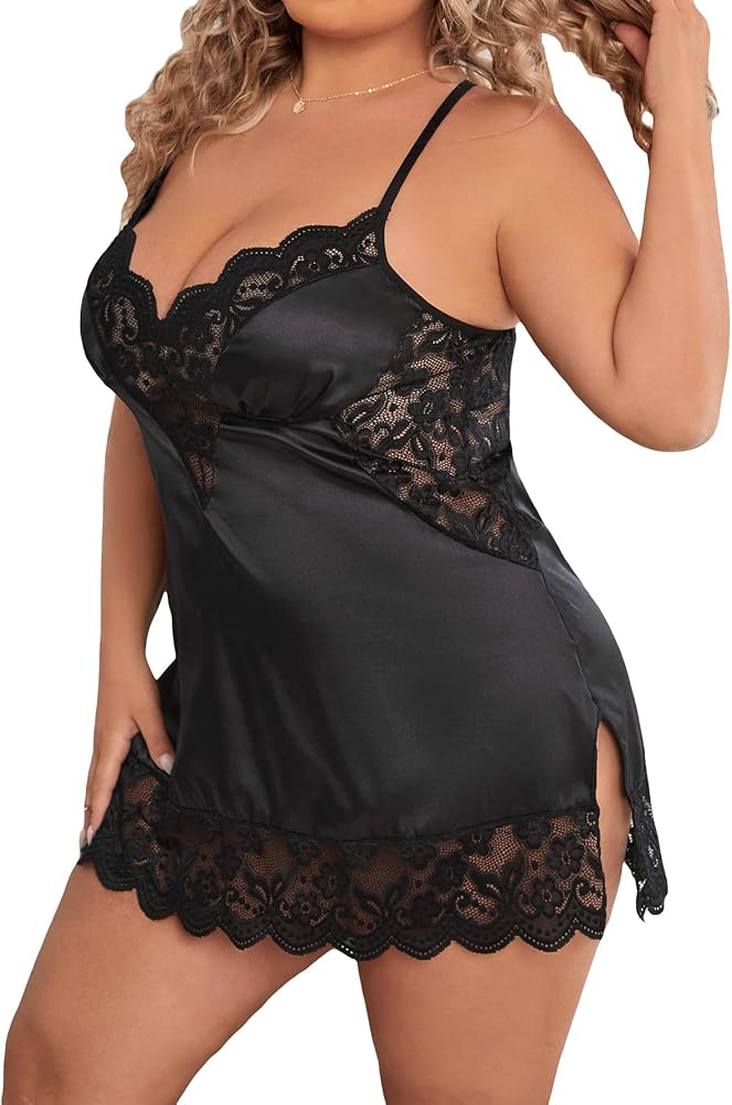 OYOANGLE Women's Plus Size 2 Piece Lace Trim Split Hem Satin Nightgown Chemise with Thong