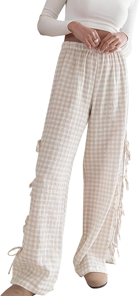 Plaid Pajama Pants for Women Y2K Tie Side Wide Leg Lounge Long Pants Loose Comfy Gingham Pj Boxer Bottoms Sleepwear