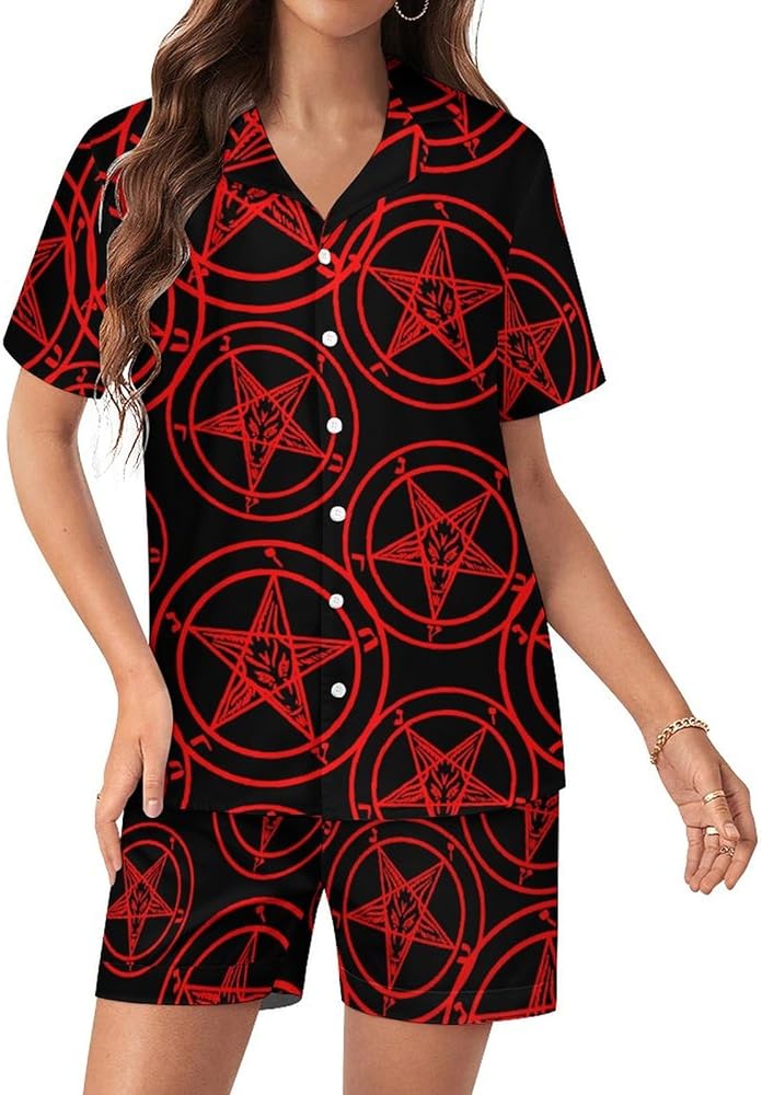 Baphomet Satan Satanic Sabbatic Goat Women's Pajamas Set Two Piece Button Down Sleepwear Short Sleeve And Shorts Loungewear