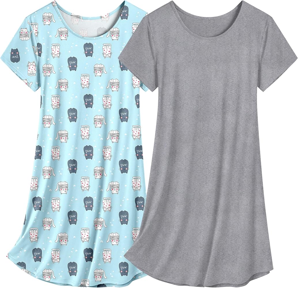 Women's Nightgown 2 Pack Nightshirts Short Sleeves Sleepwear Soft O Neck Nightdress