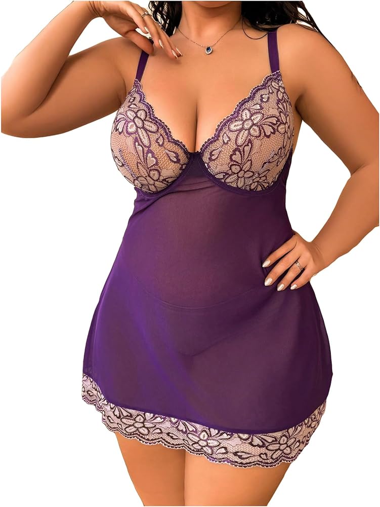 SOLY HUX Women's Plus Size Lingerie Lace Mesh Underwire Babydoll Lingerie Dress Sleepwear Chemise