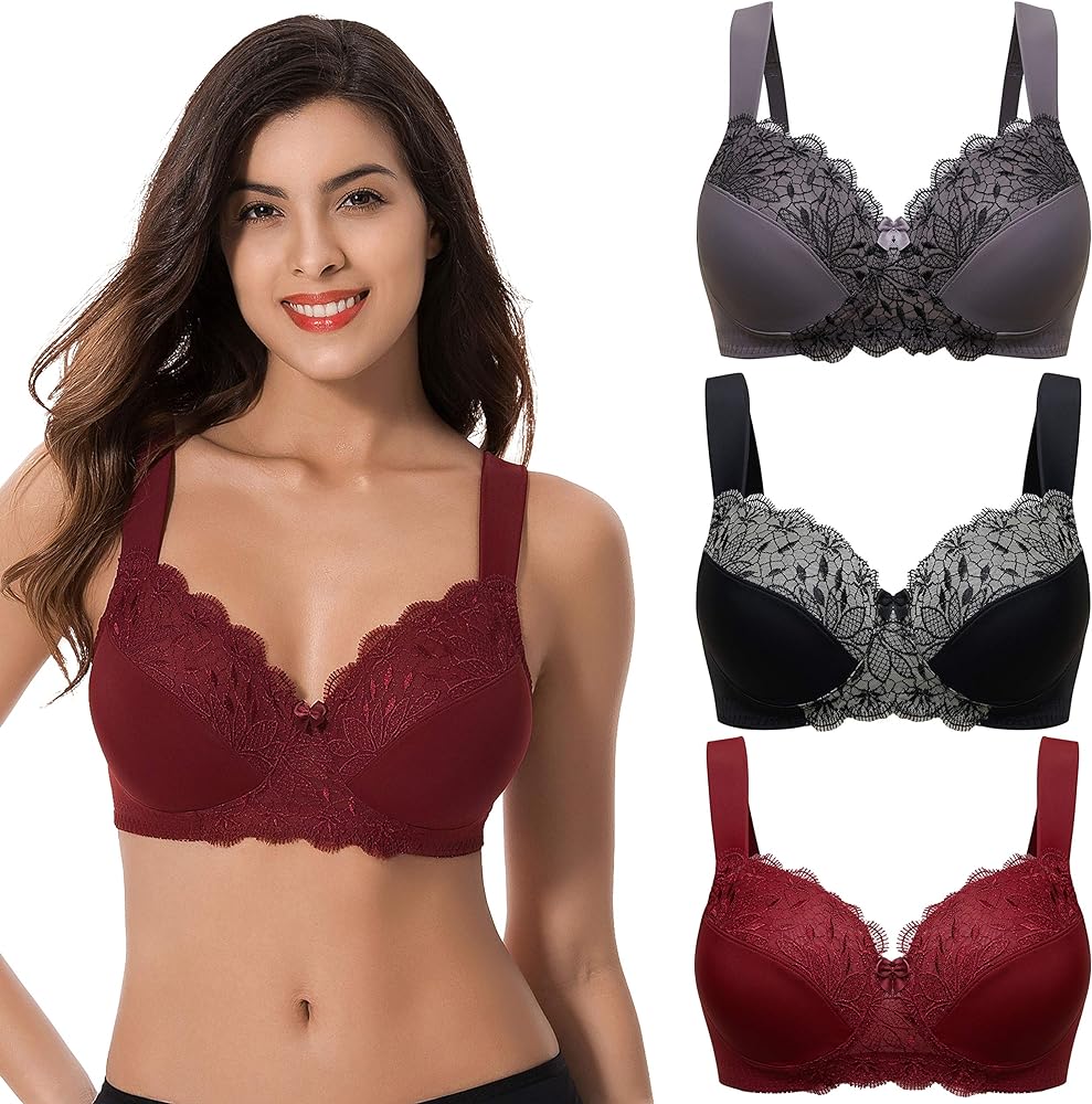 Curve Muse Plus Size Unlined Minimizer Wirefree Bras with Embroidery Lace-3Pack