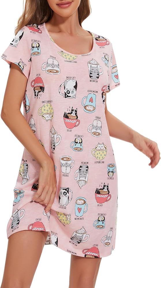 CHUNG Women Nightgowns Cotton Sleepwear Ladies Sleep Shirt Nighties Short Sleeve Cute Pattern Print Casual Sleepdress