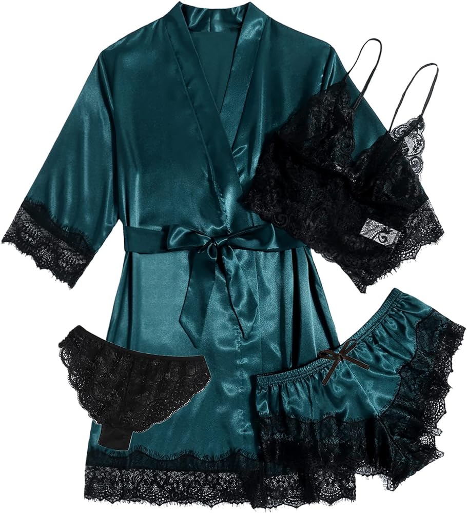 Women's 4pcs Sexy Sleepwear Silk Satin Pajamas Set Floral Lace Trim Cami Lingerie with Robe