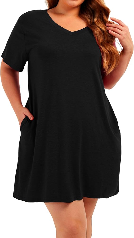 Plus Size Nightgowns Women V Neck Sleepwear Cotton Night Gown Dresses Sleep Shirts with Pockets