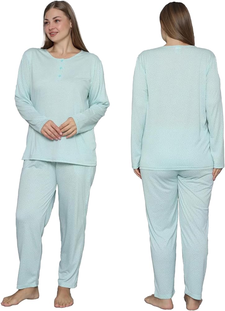 Women Plus Size Pajama Set Long Sleeve Nightwear Round Buttoned Necks Sleepwear