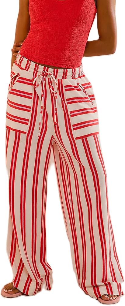 Women Y2k Striped Lounge Pants Cute Drawstring Elastic Waist Wide Leg Pants Casual Loose Fit Plaid Trouser